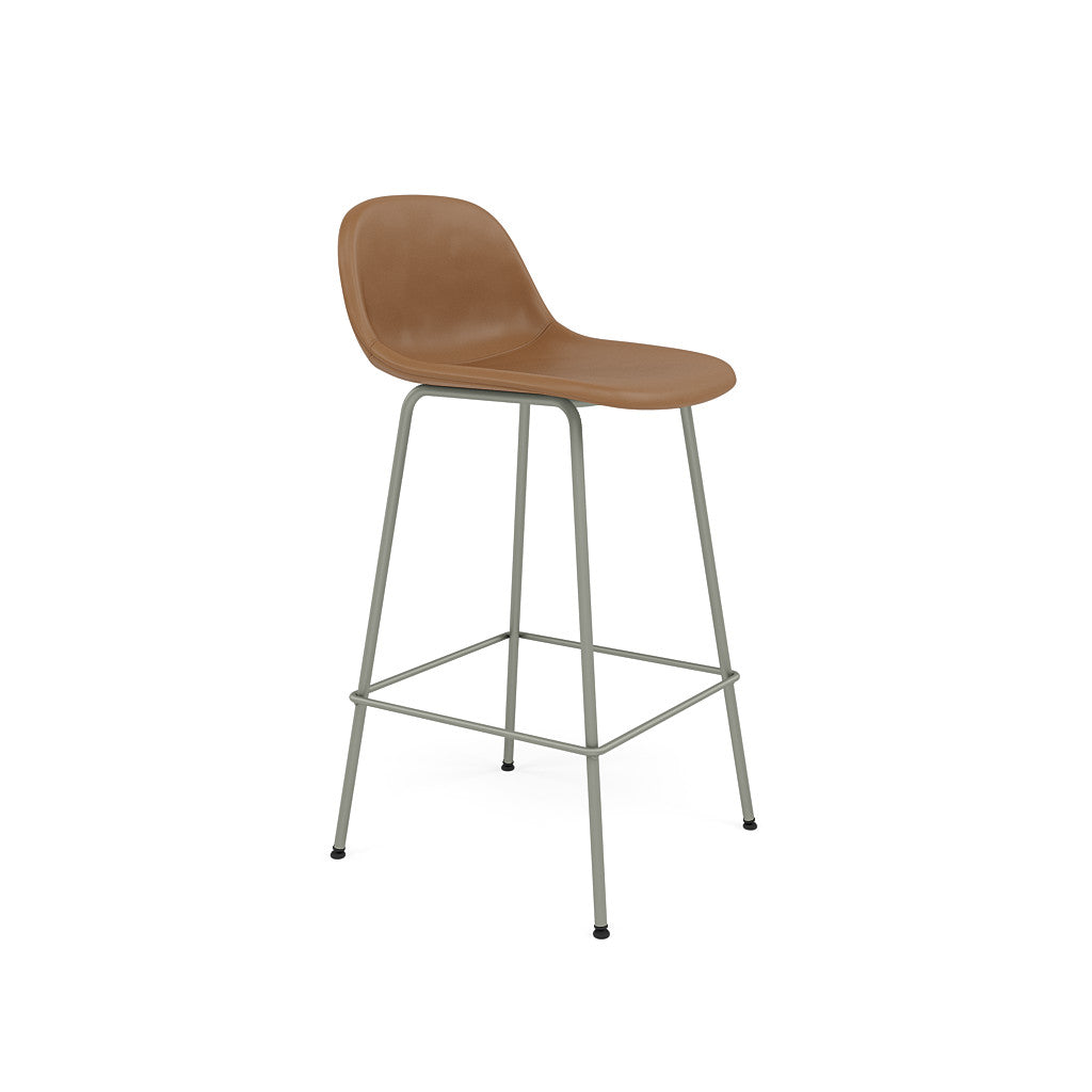 fiber counter stool with back rest tube legs dusty green. #colour_cognac-refine-leather