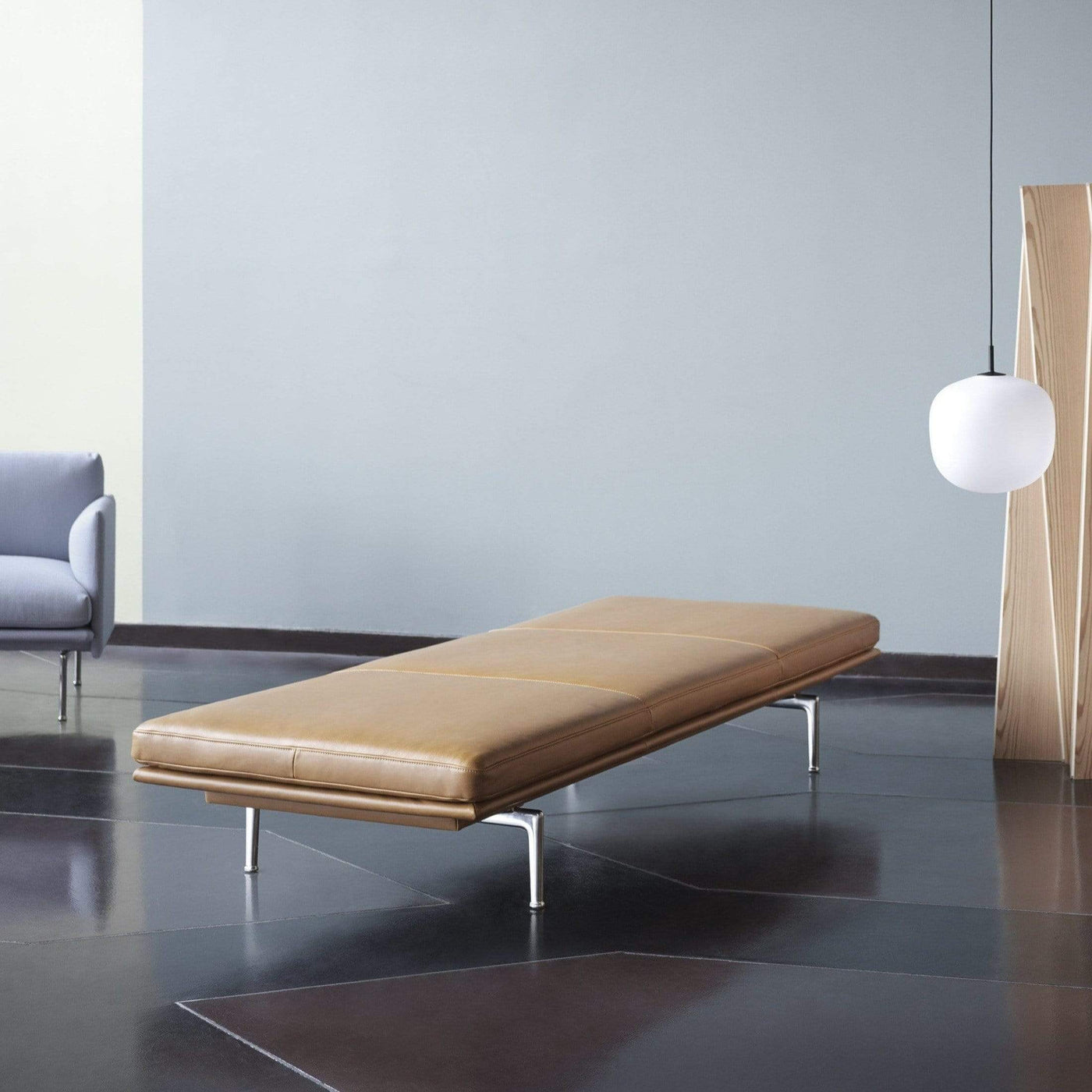 Muuto Outline Daybed in cognac refine leather and polished aluminium base. Made to order from someday designs. #colour_cognac-refine-leather