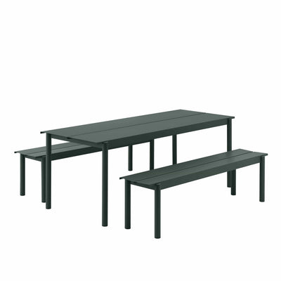 Muuto Linear Steel Table & Bench in dark green, available from someday designs #colour_dark-green