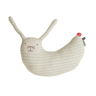 rabbit peter by danish design brand OYOY.  Friendly and cute with stylish mint and white pattern with neon orange tail its an ideal cuddly toy for children and babies.