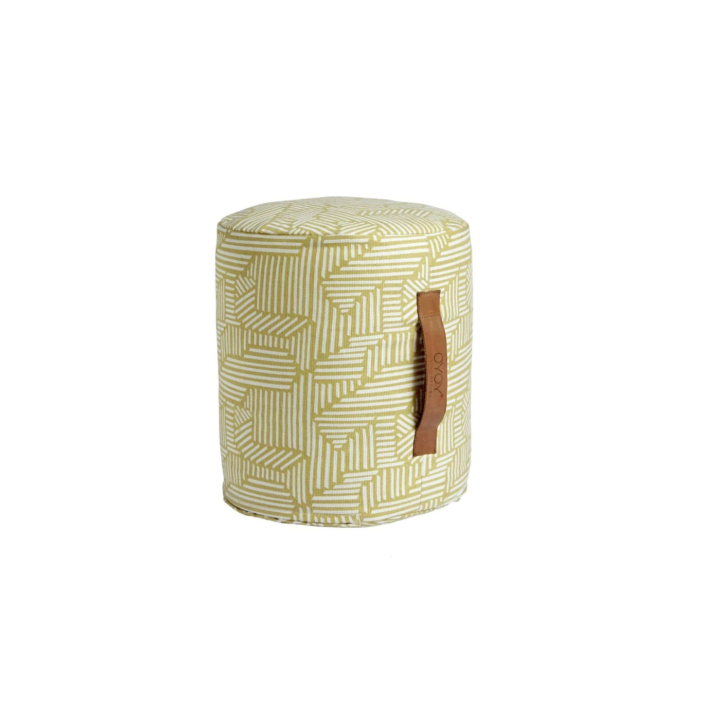 OYOY mini paddy pouf cylinder is a stylish geometric seating solution for a childrens room. Pictured here in bamboo with leather handle detail. Shop online at someday designs