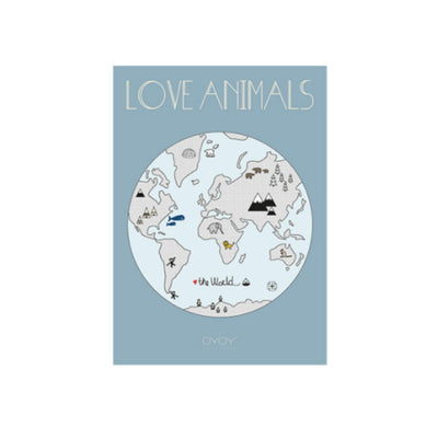 love animals print by OYOY illustrates a world map and the indigenous animals from each country.