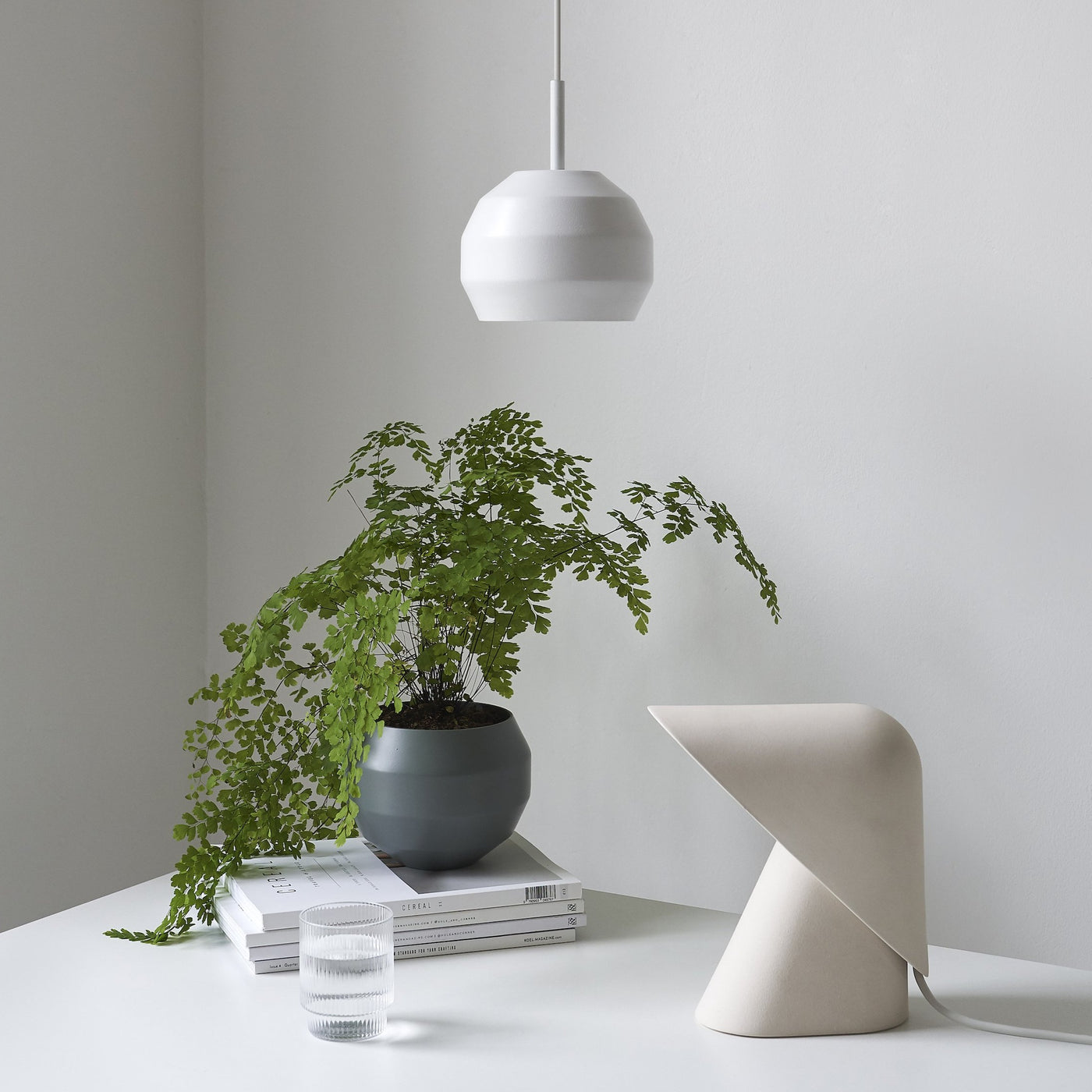Vitamin Mini Pitch Pendant light in white with Vitamin K desk lamp. Available from someday designs. #colour_white